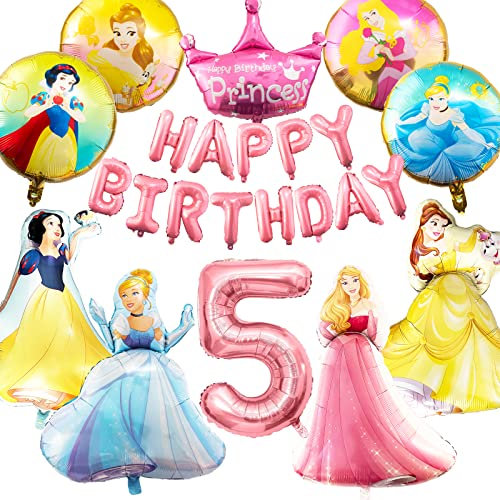 Prinzessin Geburtstag Deko 5 Jahre, Geburtstagsdeko Mädchen, Folienballon Geburtstag Peach Luftballons, Birthday Decorations, Rosa Prinzessin und Runde Folienballon Set, Geeignet Altes Mädchen