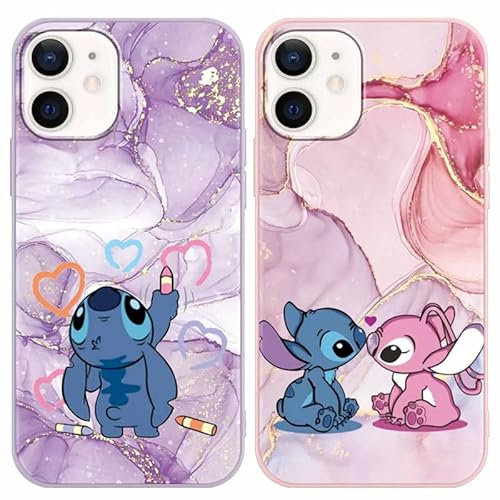 LYUBFDC [2 Stück Marmor Handyhülle für iPhone 12/12 Pro Hülle 6,1,Cartonn Stitch Niedlich Anime Muster Design Weich Dünn Silikon Handyhülle Flexible TPU Bumper Schutzhülle Kratzfest Stoßfest Case