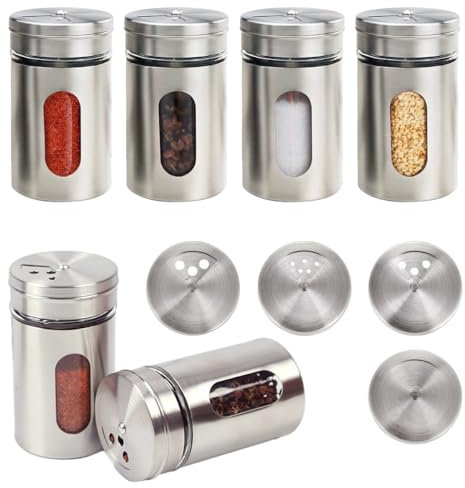 TESSTSY 6 Stück Gewürzstreuer Edelstahl, 100ml Gewürzdosen Edelstahl mit Sichtfenster, Gewürzgläser Rund mit Metall Streueinsatz für Salz, Pfeffer, Gewürze, Aufbewahrung, Küchen Organizer (Silber)
