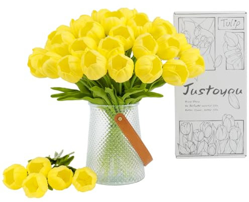 JUSTOYOU 15pcs künstliche Seide gelb Tulpenblumen mit Stängeln, Real Touch Latex gefälschte Tulpen Blumen in Box, Tulpe künstliche Blume für Hochzeit Home Garten Dekoration (gelb-15)