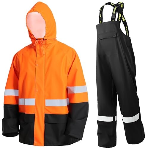 Regenanzug Herren Warnschutz Wasserdicht - PU Regenjacke & Latzhose(OG,M) | Regenbekleidung mit 360° Reflektoren. Ideal für Baustelle, Landwirtschaft, Outdoor