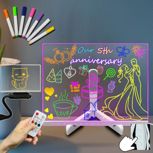 Transparentes Acryl-Anzeigetafel,30x20cm, Nachtlicht, 7 Farben, mit Fernbedienung, beleuchtetes Whiteboard mit Klappständer, Planungstafel, Tischlampe