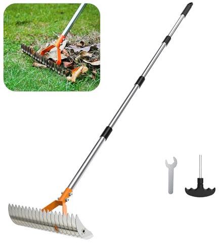 MILLIONHOME Rechen für Blätter, 38,1 cm Laubbesen mit doppelseitigen Zinken, Rechen mit Edelstahlgriff für Rasen, Garten, Hof, Laubreinigung