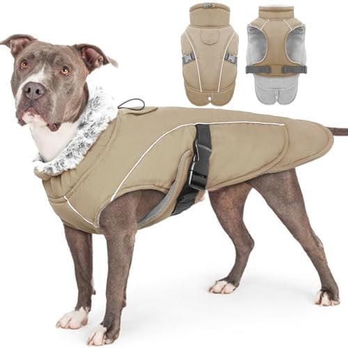 Hundejacke Wasserdicht, Hundemantel Fleece Gefüttert Warme Hundeweste Winterjacke Hunde Bekleidung Winddichter mit Reflexstreifen für Winter(Khaki, 3XL)