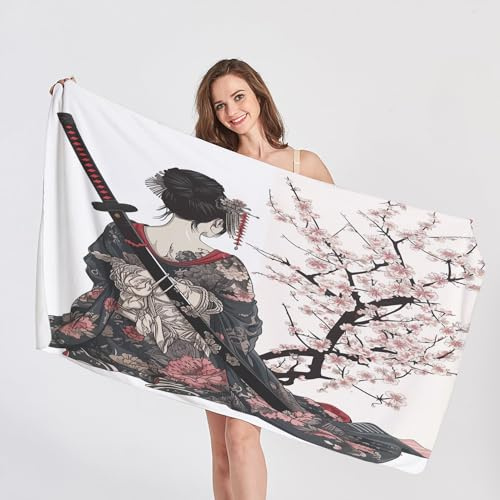 QEODAH Strandtuch Japanische Samurai - Badetuch Kirschblüten - Schnelltrocknend & Ultraleicht & Sandfreie Strandhandtuch, Weich Mikrofaser Handtücher, badehandtuch groß 150x200, Pflegeleicht Handtuch