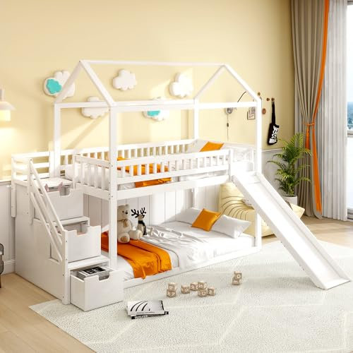 Hochbett 90x200, Kinderbett mit Rutsche und Stauraumleiter, Hausbett mit Rausfallschutz und Lattenrost, Etagenbett Holzbett Bettgestell Stockbett Jugendbett Spielbett für Kinder Jugendliche, Weiß