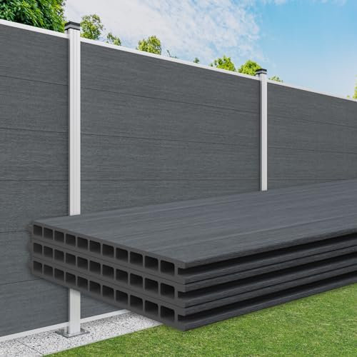 HEXIM Gartenzaun WPC, Alu Pfosten 180x180cm Steckzaun grau & anthrazit, Sichtschutz Windschutz Zaun Lamellenzaun (3 Zaunbretter 28cm grau)