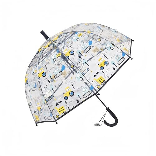 Kinder Clear Bubble Regenschirm Transparente Kuppel Durchsichtige Kinder-Regenschirme für Jungen und Mädchen mit kneifsicherem Verschluss und griffigem Hakengriff (Schwarz Bagger)