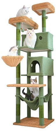 Ouritsu Cat Tree, 73.6 inch Tall Cat Climbing Tower for Large Cat Indoor with 2 Large Condos, 2 Widened Perches, Sisal Covered Scratching Posts, 2 Hammocks, Cactus Green, XLF001GB