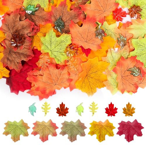 LAMEK 150 Stück Herbst Ahornblatt Tischdeko Set Künstliche Herbstblatt Deko mit 100 Künstliche Ahornhornblatt 50 Acryl Ahorn Blätter Herbst Tisch Streudeko für DIY Herbstszeit