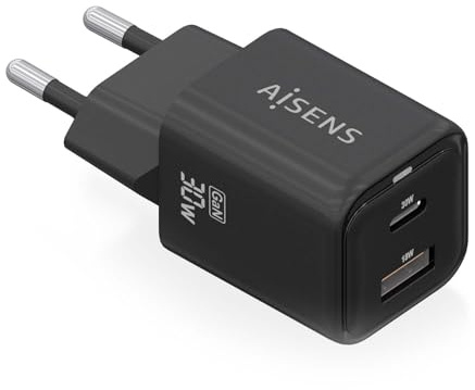 AISENS Gan Ladegerät 30 W, 1 x USB C PD3 0 QC4 0 1 x USB A QC3 0, Schwarz