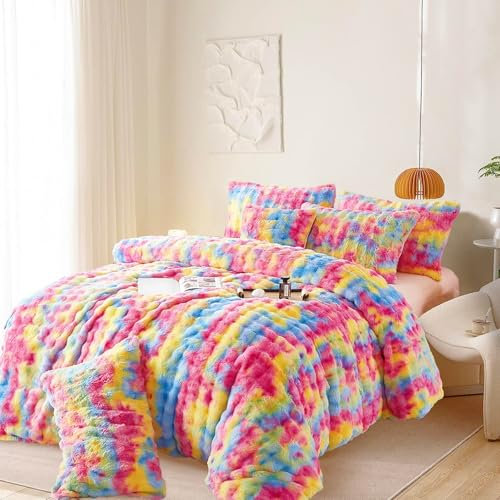 Plüsch Bettwäsche 135x200cm Regenbogen Bunt Bettbezug aus Kaninchen Plüsch Flanell Winter Warm Flauschig Wende Super Weich Bettwäsche Fleece Samt Cashmere Touch Bettbezug 135x200cm mit 2 Kissenbezug