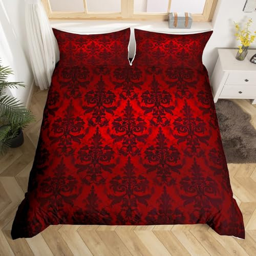 Homewish Gotische Bettwäsche Sets Erwachsene Schwarz Damast Bettbezug Set,Viktorianische Tröster Bezug 220x240 Vintage Barock Goth Bett Set Antik Schwarz Floral Böhmische Dekor,Rot