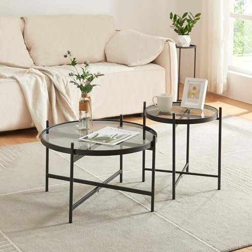 [en.casa] Couchtisch Set Lier Beistelltisch 2er Set rund Wohnzimmertische Glastische Sofatische Metallgestell Tischplette aus Glas Schwarz