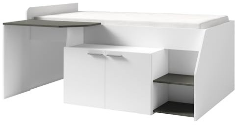 Lomadox Jugendzimmer Bett Funktionsbett Bett Einzelbett integrierter Schreibtisch und Schrank Liegefläche 90x200cm weiß mit anthrazit 135x90x204 cm