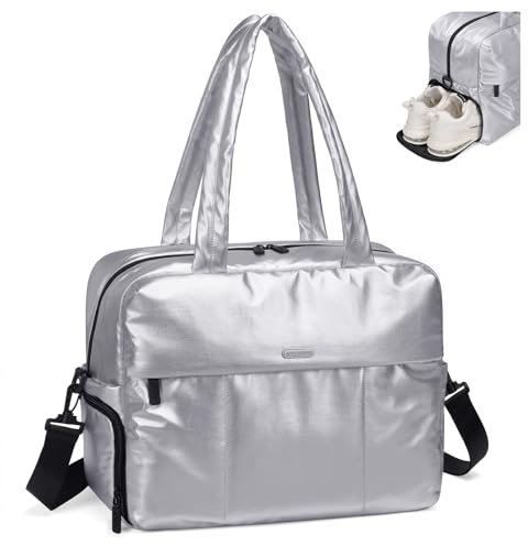 GOLF SUPAGS Puffer-Tragetasche für Damen, Gesteppte Wochenendtasche, Puffer Reisetasche mit Schuhfach, Weekender Flauschige Tasche, Handtasche für Sport, Fitness, Reisen und Schwimmen (Silber)