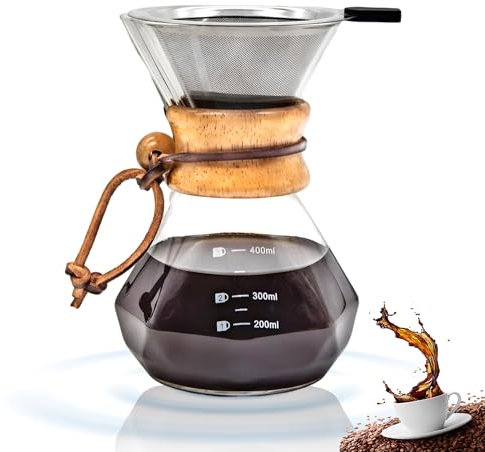 Kybelehoo 400 ML Pour Over Kaffeebereiter Mit Edelstahlfilter,Hohes Borosilikatglas Kaffeekanne, Kalt Und HitzebestäNdig, Griff HitzebestäNdig,Diamantförmiger Topfkörper