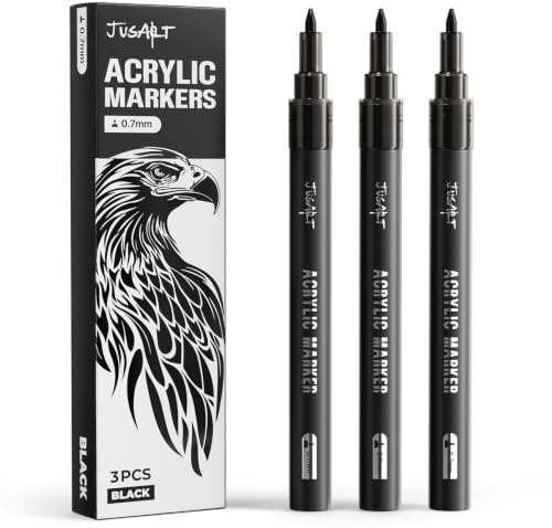 JusArt 0.7mm Fine Point Black Acrylic Paint Marker, 3 Pack | Black Paint Marker for Rock Painting, Art Projects, Ceramic, Glass, Wood, Metal, Fabric, DIY, Ideal for Art Supplies