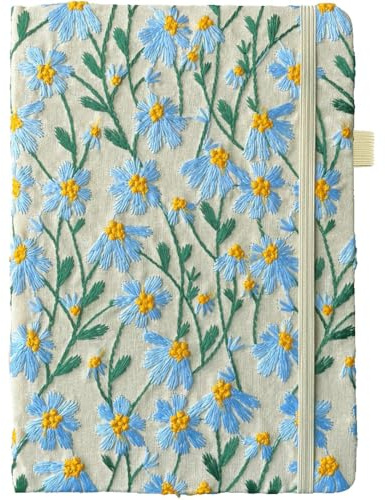 A5 Notizbuch, Blumen Journal, gestickt, 8 x6, Hardcover, Lay Flat, gefüttert, breit geregeltes Papier, personalisiertes Notizbuch, hübsch, Daisy Geschenke für Frauen, Blau, mit Elastischem Band