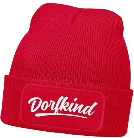 MoonWorks® Herren Beanie mit Patch Dorfkind Strickmütze mit Spruch Aufdruck Lustig Mütze Männer Rosa Unisize