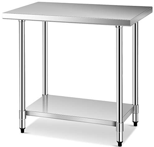 FANTASK Edelstahl Küchentisch mit höhenverstellbarem Ablage, Arbeitstisch Gastro Tisch Edelstahltisch Zubereitungstisch mit Zwischenbord, Silbergrau