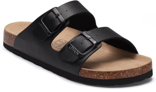 Litfun Women's Cork Footbed Sandals with Adjustable Buckle | Flexible Corkbed, Mild Arch Support, Premium Vegan Leather, Soft Fabric Lining, Non-slip EVA Sole, Double-Strap Design