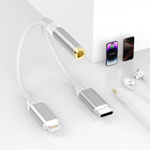 USB C + Lightning to 3.5 mm Headphone Jack Adapter,[Apple MFi Certified] iPhone Type C to 3.5mm Audio Jack,iPhone Aux Adapter Converter Dongle Audio Cable for iPhone 16 15 14 13 12/iPad/Galaxy...