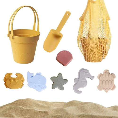 KBIBCK Sandspielzeug Set aus Silikon, Strandspielzeug für Kinder, 9-in-1 Silikon Strandspielzeug Set mit Eimer, Netzbeutel, Schaufeln, 6 Sandformen, Strandset Sandspielzeug für Jungen Mädchen (Orange)