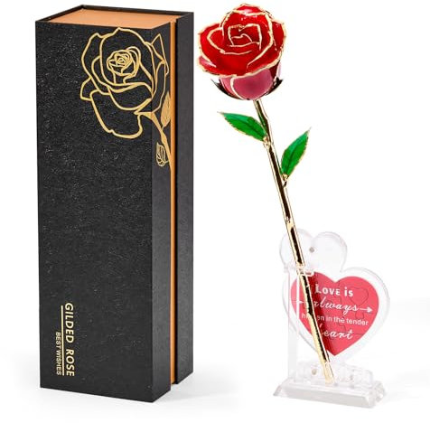 Mikasol Rose Rouge Réaliste Trempée dans Or 24K – Cadeau Romantique pour Femme, Épouse, Petite Amie ou Maman – Anniversaire, Saint-Valentin, Fête des Mères, avec Socle Cœur Puzzle (Rouge)