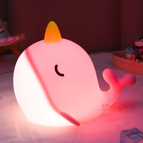 Ammonite Rosa Wal Nachtlicht, Weiche Silikon Narwhal Kindergarten Lampe mit 3 Dimmungsstufen und 30-Minuten-Timer, Touch-Steuerung für Schlafzimmer Dekor, Geburtstagsgeschenk for Boys Girls