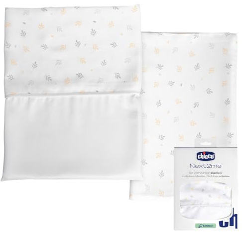 Chicco Bettwäsche-Set aus Bambusfaser, 1 Oberlaken und 1 Bettlaken mit Ecken, kompatibel mit Matratzen 50x83 cm, Fantasie mit Blättchen, aus Bambusfaser