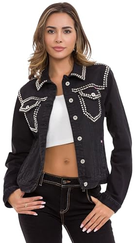 Cipo & Baxx Damen Jeansjacke Series – Klassische Denim, Leder, Sport Verschiedene Jackenmodelle – Knopf und Reißverschluss – Sweat-Kapuze und Sweatärmeln – mit Modernen Komfort-Details