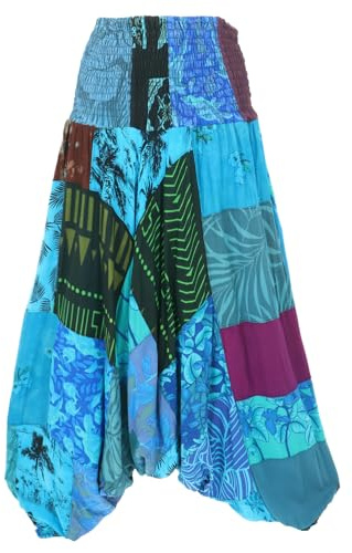 GURU SHOP Aladinhose, Patchwork Pluderhose, Hippie Hose, Damen, grün | Weit geschnitten, elastischer Bund, 100% Viskose, individuelles Design, jedes Stück ein Unikat.