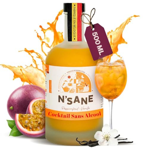 Mélange pour cocktail N’Sane Fruit de la Passion Vanille | Boisson sans alcool 500ml sans sucres ajoutés | Base naturelle pour cocktails, mocktails & boissons chaudes