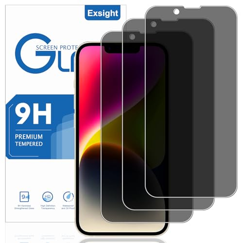 Exsight 3-Pack Privacy Screen Protector for iPhone 14/13 / 13 Pro 6.1, 9H+ Hardness Anti-Spy Tempered Glass Film, Fingerprint Unlock Compatible, Impact-Protection, Anti-Scratch, Case Friendly