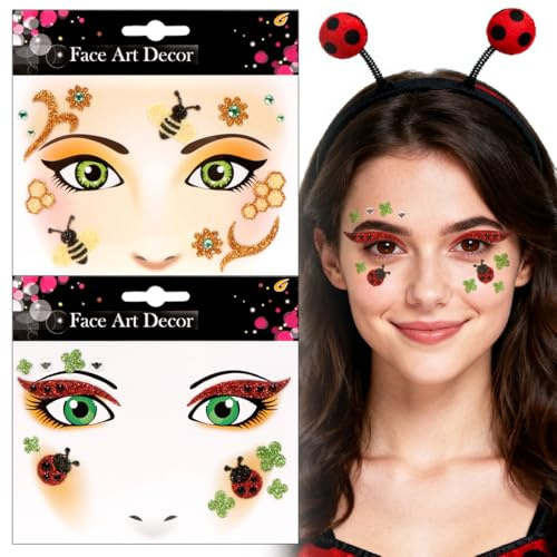 Face Art Sticker Marienkäfer Bienen, 2PC Sticker Gesicht, Aufkleber Gesicht Karneval,Gesichtstattoo Glitzer, marienkäfer Kostüm Accessoires Karneval, marienkäfer Bienen schminke