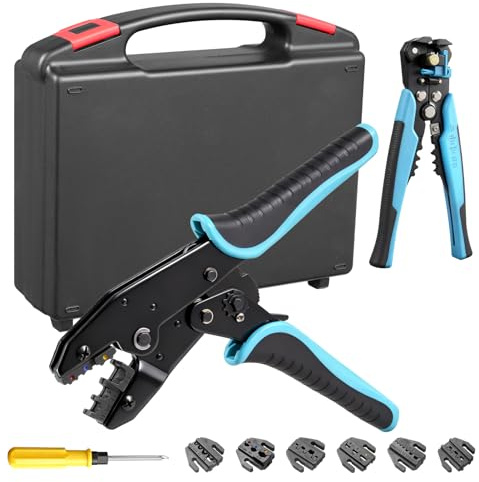 Yelyee Crimpzange Set mit Wechselbare Backen & Abisolierzange | Für Aderendhülsen, Kabelschuhe, MC4-Stecker (0.25-10mm²) | Elektriker Werkzeug für für Auto, Elektroinstallation, Heimwerker & DIY