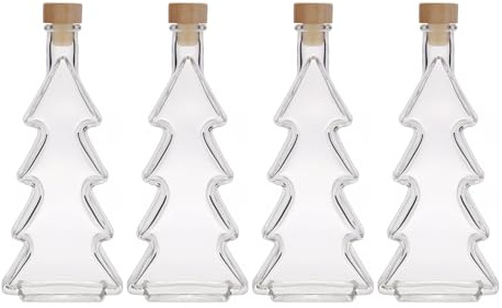 Flaschenland - 4er Set 200 ml Glasflaschen Tannenbaum mit Korkmündung, ideal zum Befüllen, inklusive Korkverschlüsse, ideal für Weihnachten als Likörflasche und Geschenkeflasche