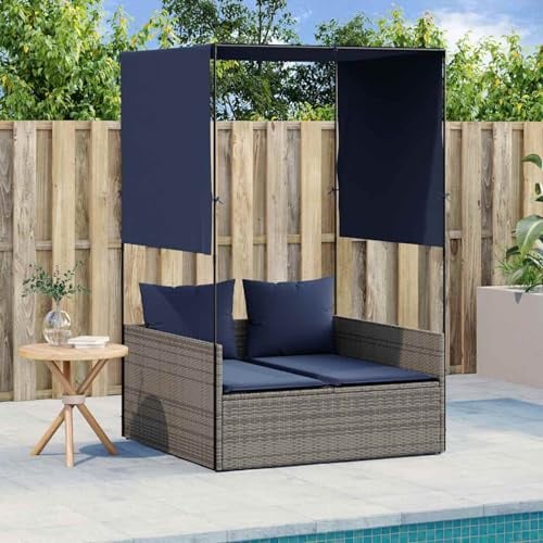 WGYHOME Doppelte Sonnenliege mit Dach & Vorhängen, grau, Polyrattan, 118x110x187 cm, wetterfest & UV-beständig – für Garten, Terrasse, Poolbereich