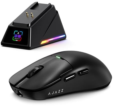 FREEWOLF x A.JAZZ AJ159P MC PRO Mouse da Gaming Wireless, Dock di Ricarica Magnetico con Schermo TFT, Ultra-Leggero 57g, Sensore PAW3311, 24000 DPI, BT/2.4G/USB-C, 20M Click, per PC/MAC (Nero)