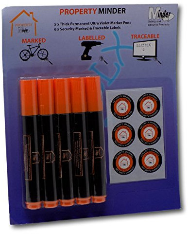 Minder Property Marking Pens - Including 5 x Invisible UV Ink Covert Marker Pens and Warning Stickers (4mm Thick)