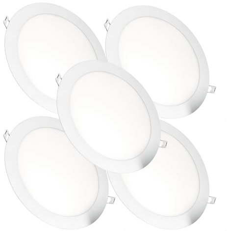 JANDEI – 5 Faretti Led da Incasso, 18W, 1440 Lumen, Forma Rotonda, Foro Incasso Ø 200- Ø 205 mm, Extra Piatto 13 mm di Profondità, Bianco Bianco Neutro 4200K, Trasformatori Inclusi