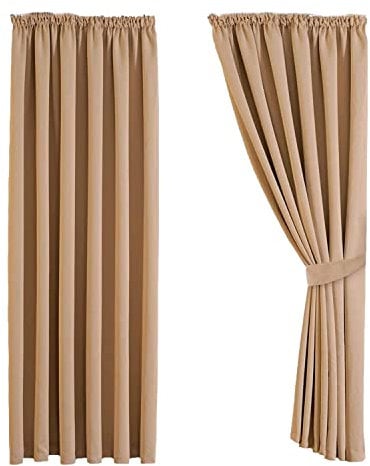 Aspire Homeware Blackout Curtains for Bedroom - Beige Pencil Pleat Window Curtains 90x90 Thermal Insulated Super Soft Tape Top Living Room Curtain Drapes Pair Panels + Tiebacks