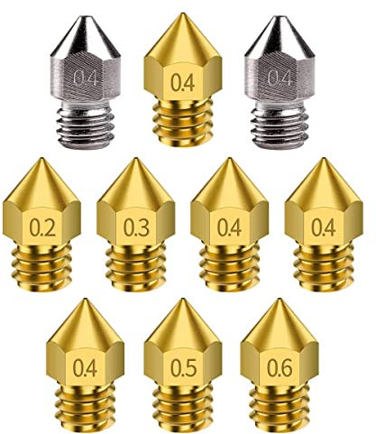 Creality 3D-Drucker 0,2 mm, 0,3 mm, 0,4 mm, 0,5 mm, 0,6 mm MK8-Messingdüsen und Extruderdüsen aus gehärtetem Stahl Kit für Ender 3-Serie und CR-10-Serie [10 Stück]