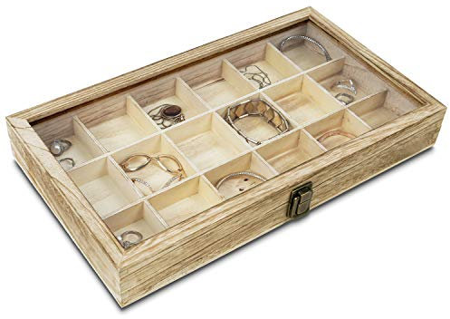 Mooca Aufbewahrungsbox aus Holz mit Deckel aus gehärtetem Glas für Schmuck und Perlen, mit 18 Fächern, Eichenfarben, 38,1 cm B x 21,5 cm T x 5,1 cm H