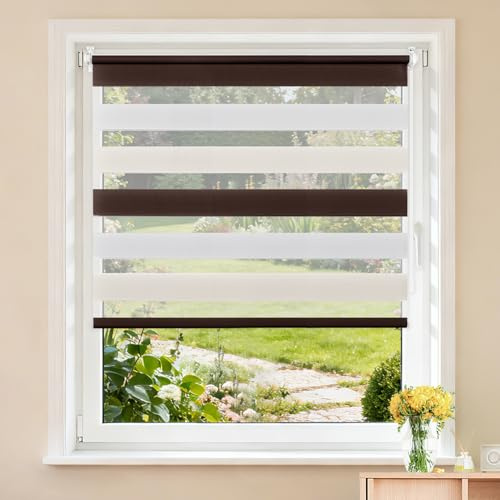 Buseu Store Jour Nuit sans Perçage, Blanc-Beige-Marron, 105 x 140 cm | Largeur du Tissu 105 cm, Rideau Translucide & Occultant, Fixation par Clips, Pour Fenêtre & Porte de Salon, Bureau, Chambre