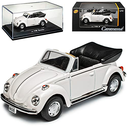 Cararama Volkwagen Käfer 1303 Cabrio Weiss 1972-1975 mit Sockel und Vitrine 1/43 Modell Auto mit individiuellem Wunschkennzeichen