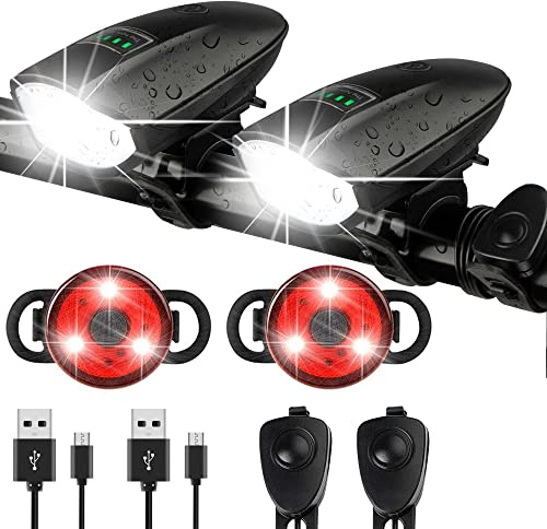 2 Pack Bike Lights Set with Horn 1400LM USB Rechargeable Bicycle Headlight & Tail Light & Horn Waterproof 3 Lighting Modes Fits Various Bicycles for Road and Mountain(Black+Black)