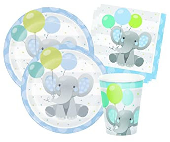 Isola Party Kit Festa di Primo Compleanno Bimbo a Tema Elefantino per 16 Persone Eco-Friendly (16 Piatti ⌀ 23 cm, 16 Bicchieri 266 ml, 16 Tovaglioli 33x33 cm di Carta)