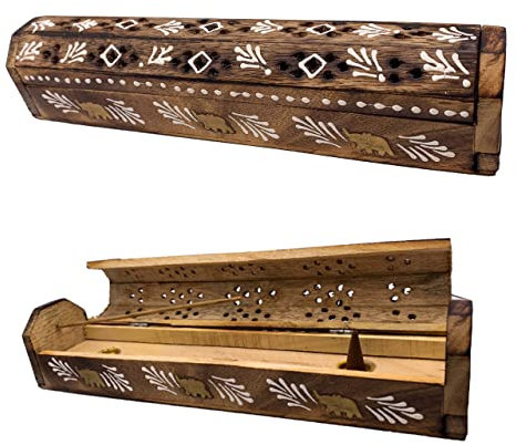 Brûleur encens (incensaire) Boîte en Bois décorée à la Main en Inde - Design Exclusif de Chevrons Blancs et éléphants 30,5 x 6,2 x 5,5 - Poids 240 g. Porte-encens en Bois